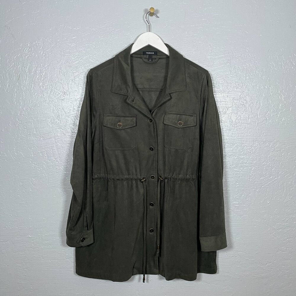 Torrid Women Plus Size 1 Olive Green Suede Shacket Jacket Button Down Utility